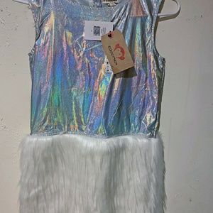 Apperman EVE Shimmery silver sleeveless and faux fur dress nwt size 10